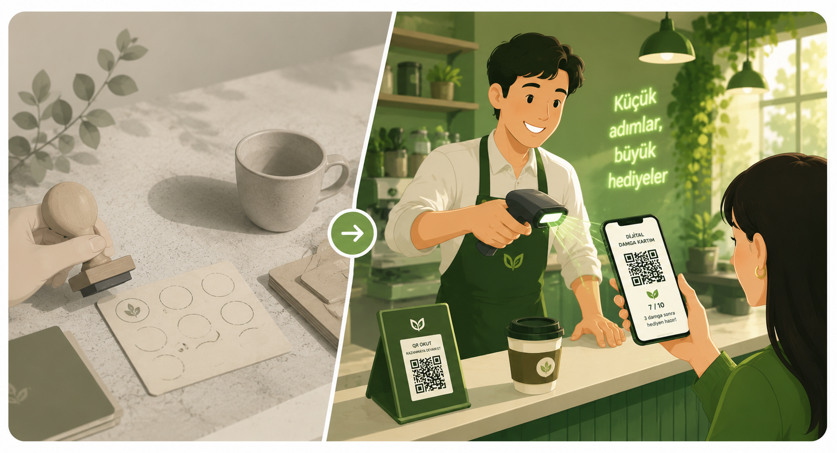 Fiziksel damga kartından dijital QR sadakat akışına geçişi gösteren illüstrasyon